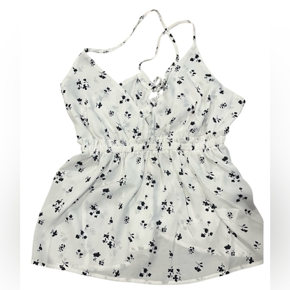 Papermoon tank in Ivory w black floral v neck & criss cross strap back sz L NWT